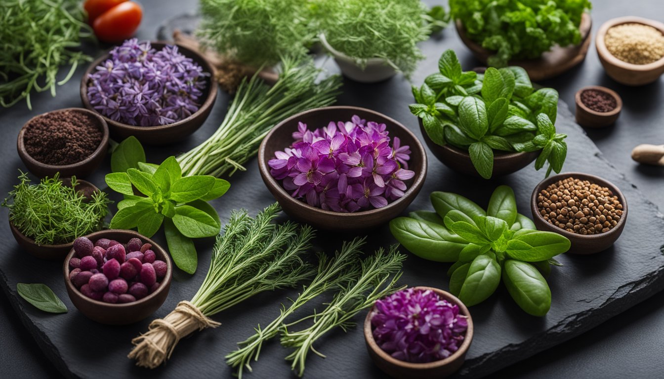 An assortment of fresh herbs and spices displayed on a dark surface, including basil, mint, rosemary, dill, and vibrant purple flowers, along with small bowls of seeds and dried herbs.