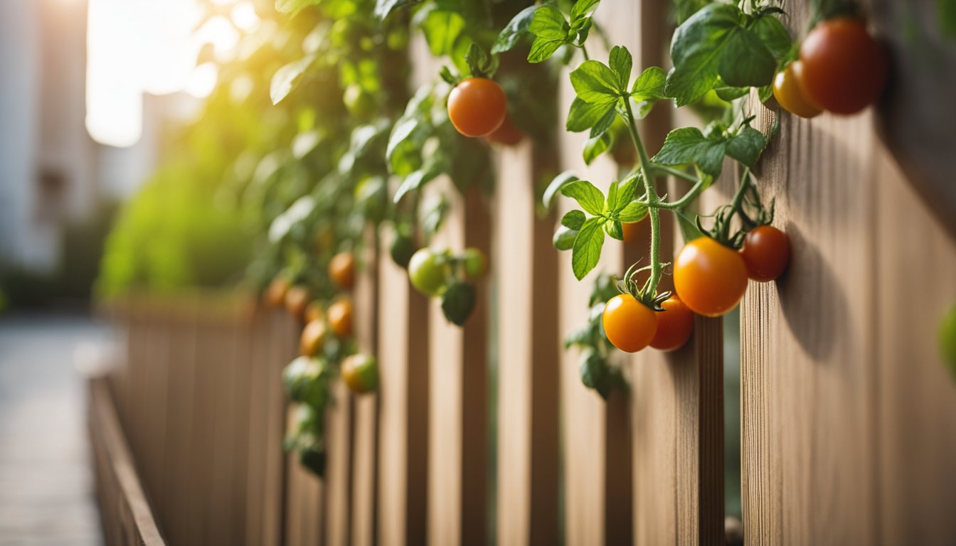 A row of tomato plants trained to grow vertically along a wooden fence, with ripe and unripe tomatoes hanging from the vines.