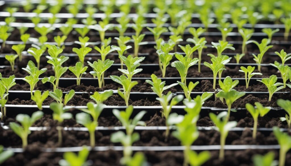 Rows of young carrot seedlings growing in a tray filled with soil.