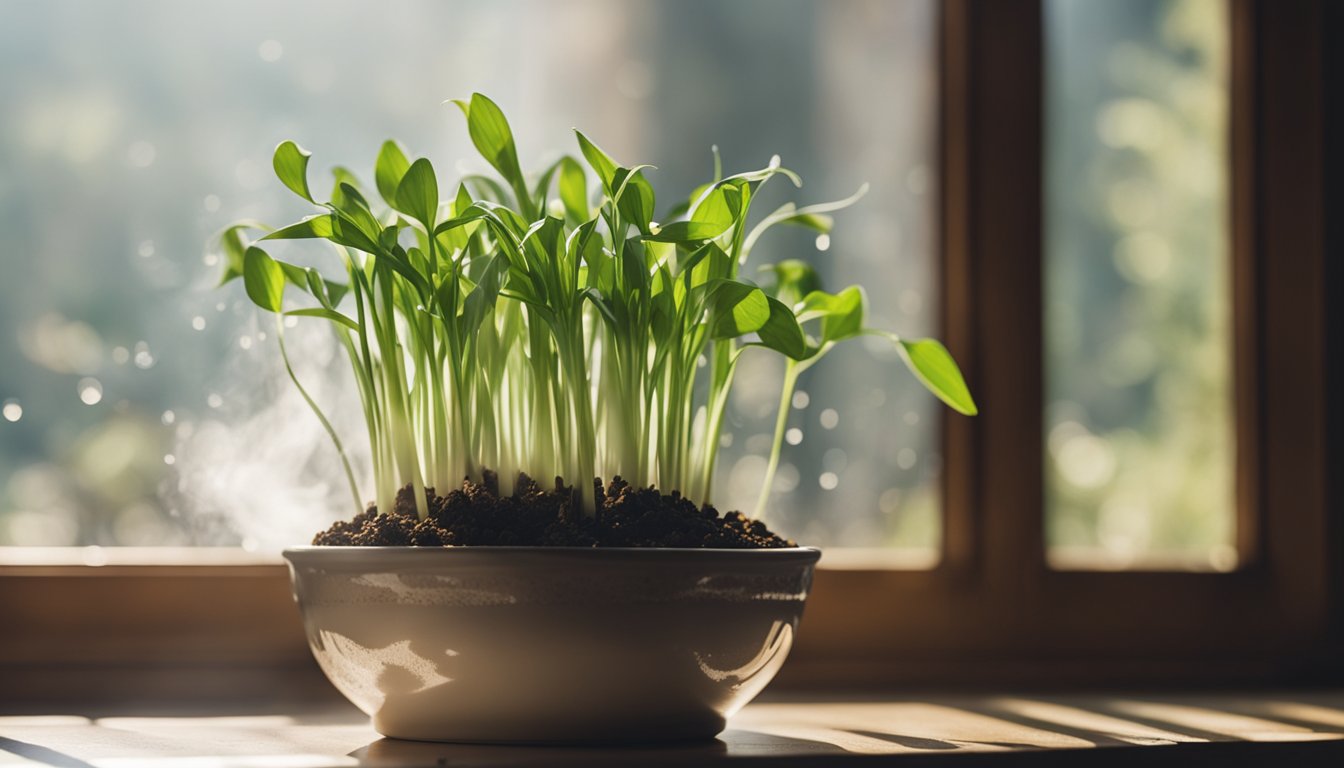 A pot of young garlic plants growing indoors on a windowsill, with sunlight streaming through the window.