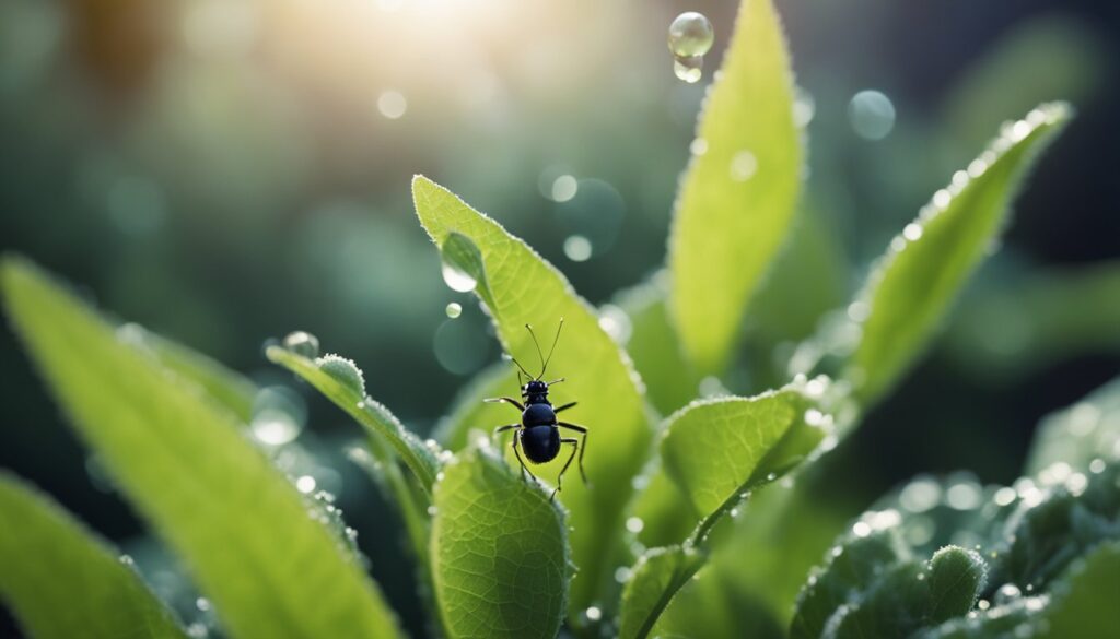 A close-up of a black aphid on a green leaf with dewdrops, illuminated by sunlight.