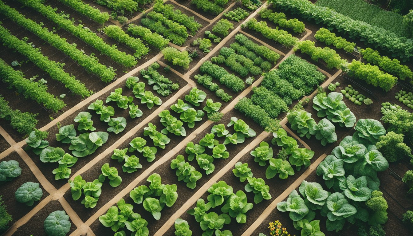 Aerial view of an intensive cropping vegetable garden with neatly arranged rows of various green leafy vegetables and herbs.