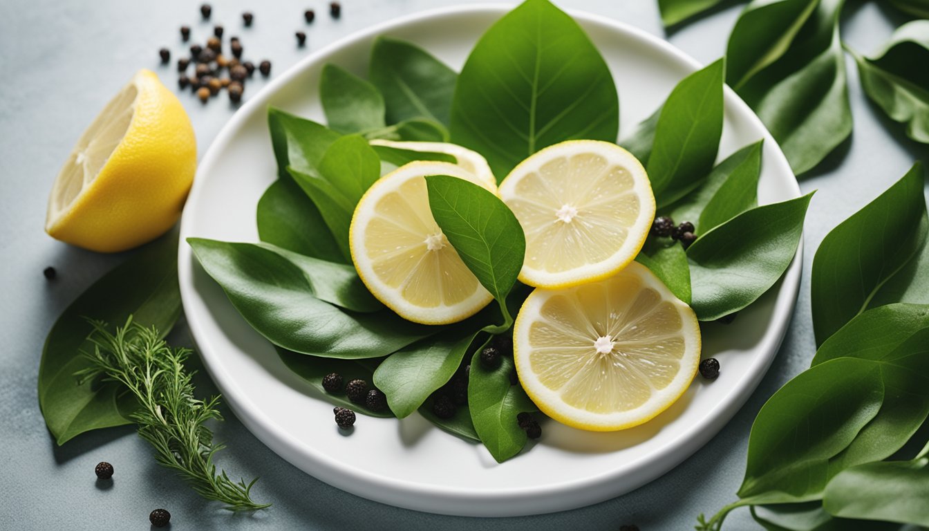 Sliced lemons and green leaves arranged on a white plate with black peppercorns scattered around.