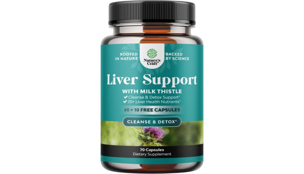 Bottle of Nature's Craft Liver Support dietary supplement with milk thistle for liver detox and health.