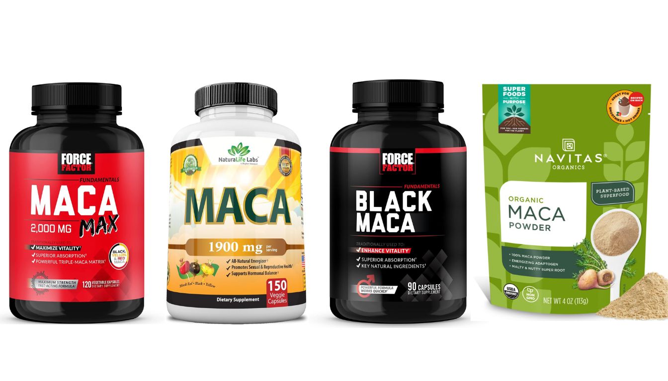 A variety of maca root supplements displayed, including capsules and powder.