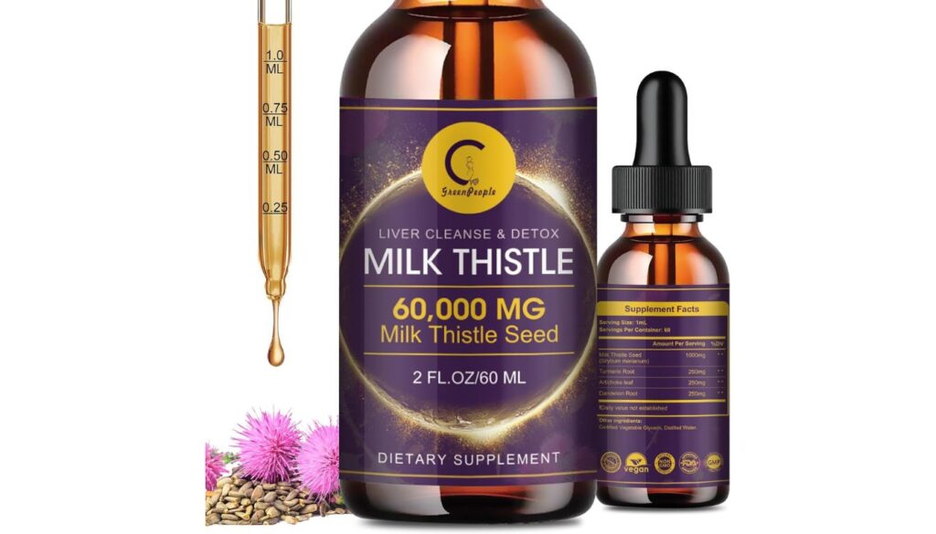 A bottle of milk thistle supplement labeled "Liver Cleanse & Detox Milk Thistle 60,000 MG Milk Thistle Seed" with a dropper and a smaller bottle showing supplement facts.