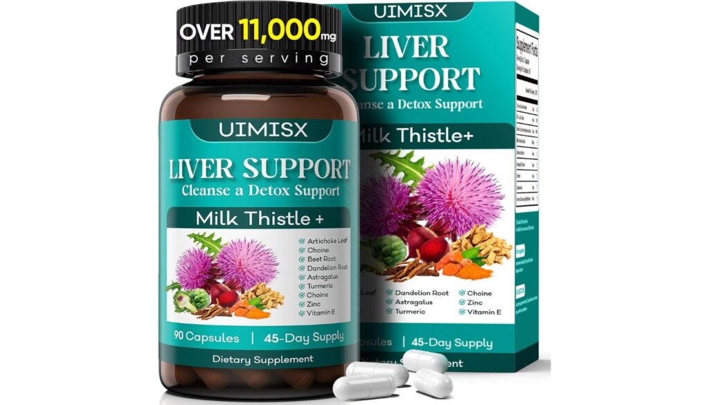 Bottle and box of UIMISX Liver Support Milk Thistle+ dietary supplement with capsules.