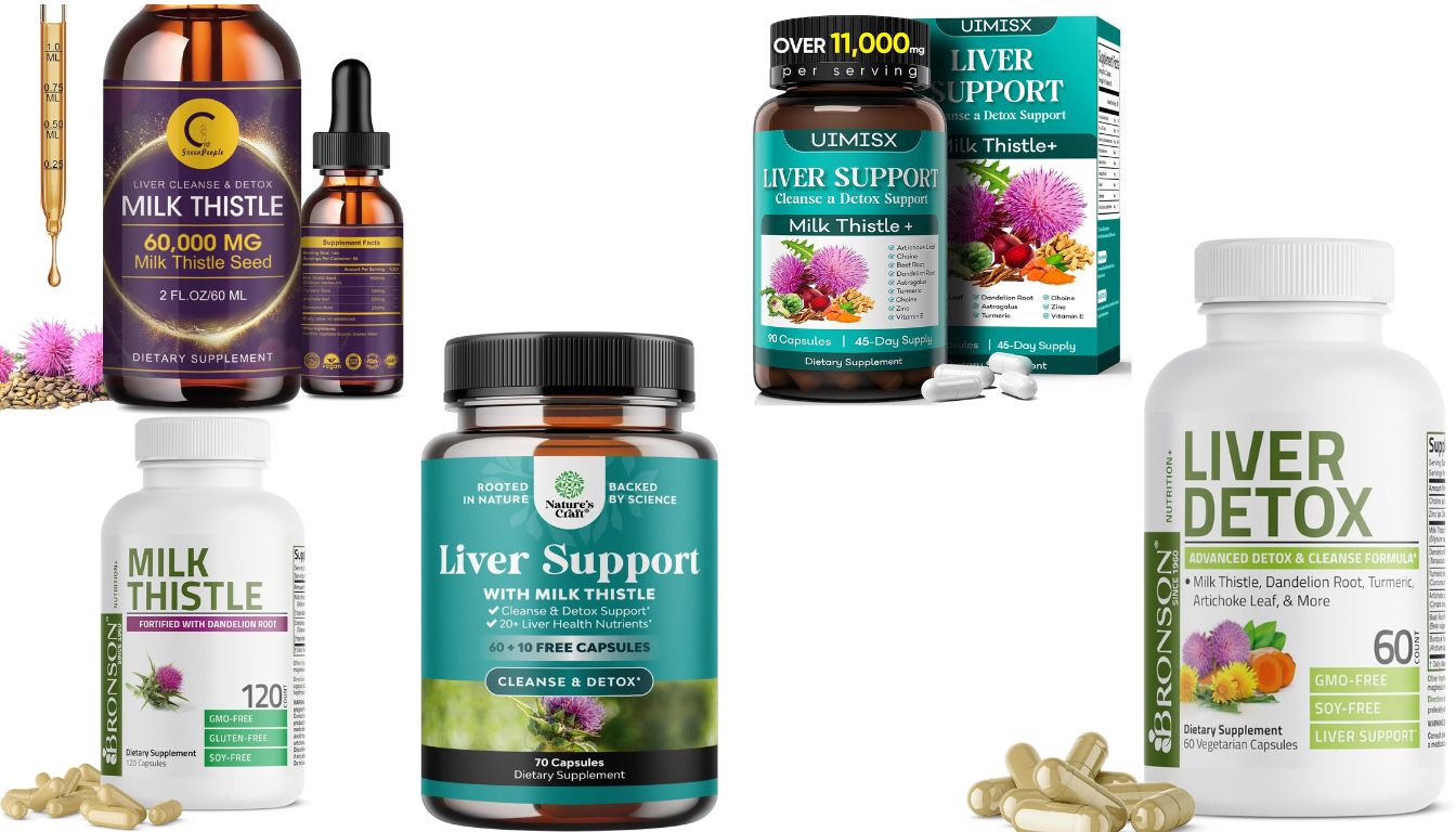 Various bottles and packages of milk thistle supplements for liver detox, including liquid drops and capsules.