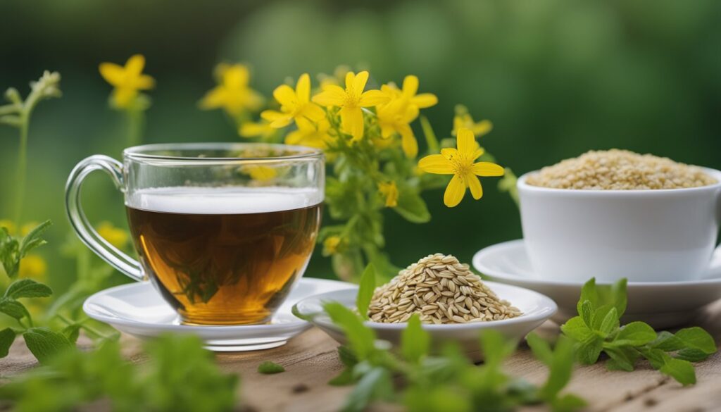 A clear glass cup of herbal tea sits on a white saucer, surrounded by fresh green herbs and yellow flowers. Next to the tea, there is a small pile of seeds on a white plate and a white bowl filled with more seeds.