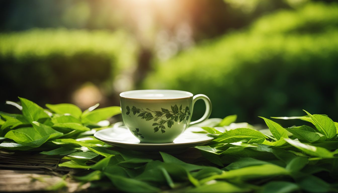 A white teacup with green leaf patterns sits on a saucer, surrounded by fresh green leaves, with a lush green background and sunlight filtering through.