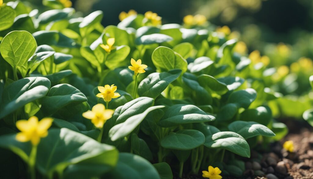 Close-up of New Zealand Spinach plants with small yellow flowers in a garden.