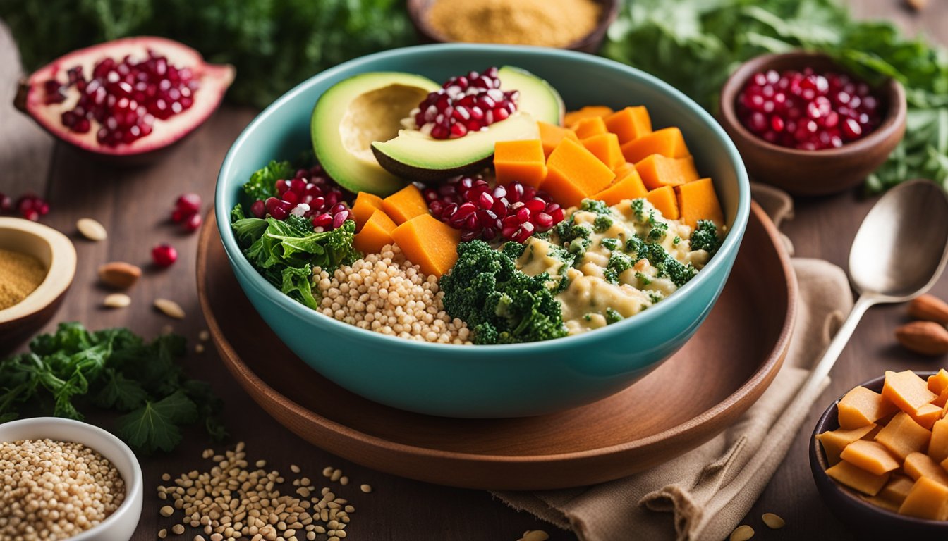 A colorful bowl of nutrient-rich foods including avocado, pomegranate seeds, cubed butternut squash, kale, couscous, and a creamy dressing.