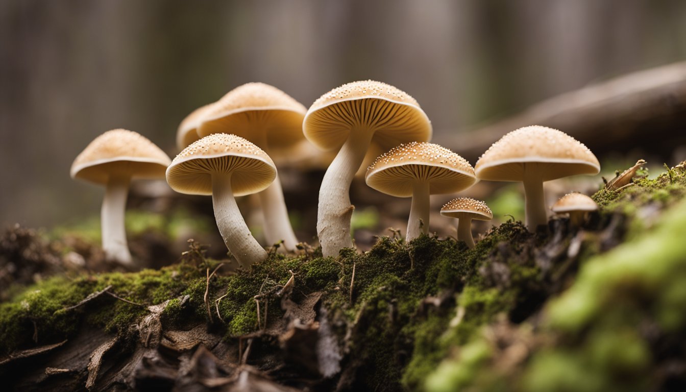 A cluster of Pioppino mushrooms growing on a moss-covered log in a forest.