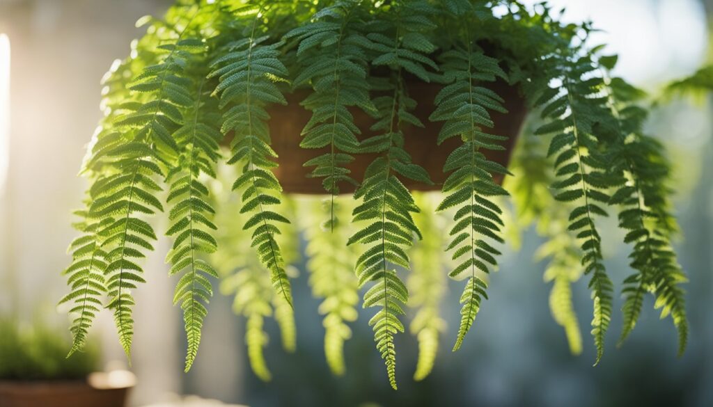 Close-up of a hanging Plumosa Fern with sunlight filtering through its delicate, feathery fronds.
