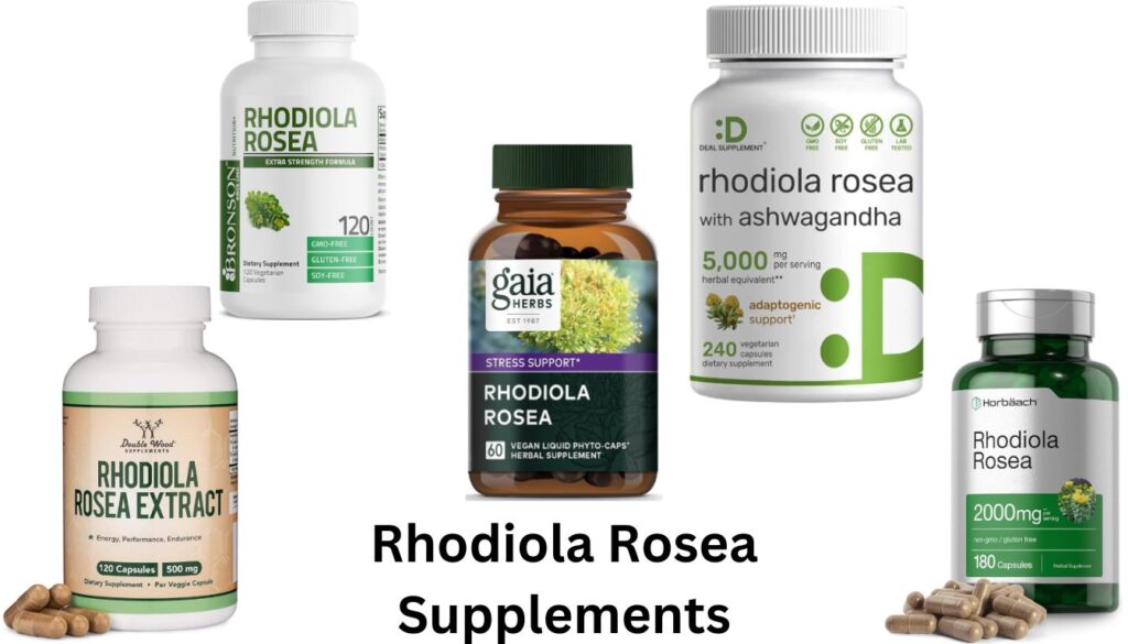 A collage of various Rhodiola Rosea supplement bottles from different brands, including Bronson, Gaia Herbs, Deal Supplement, Double Wood Supplements, and Horbaach.