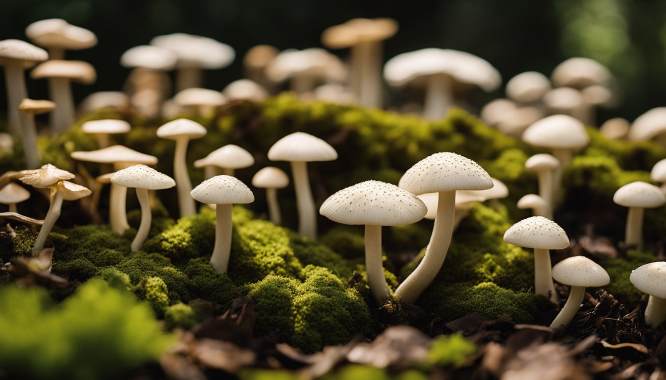 A cluster of white shimeji mushrooms growing on a bed of green moss in a forest setting.