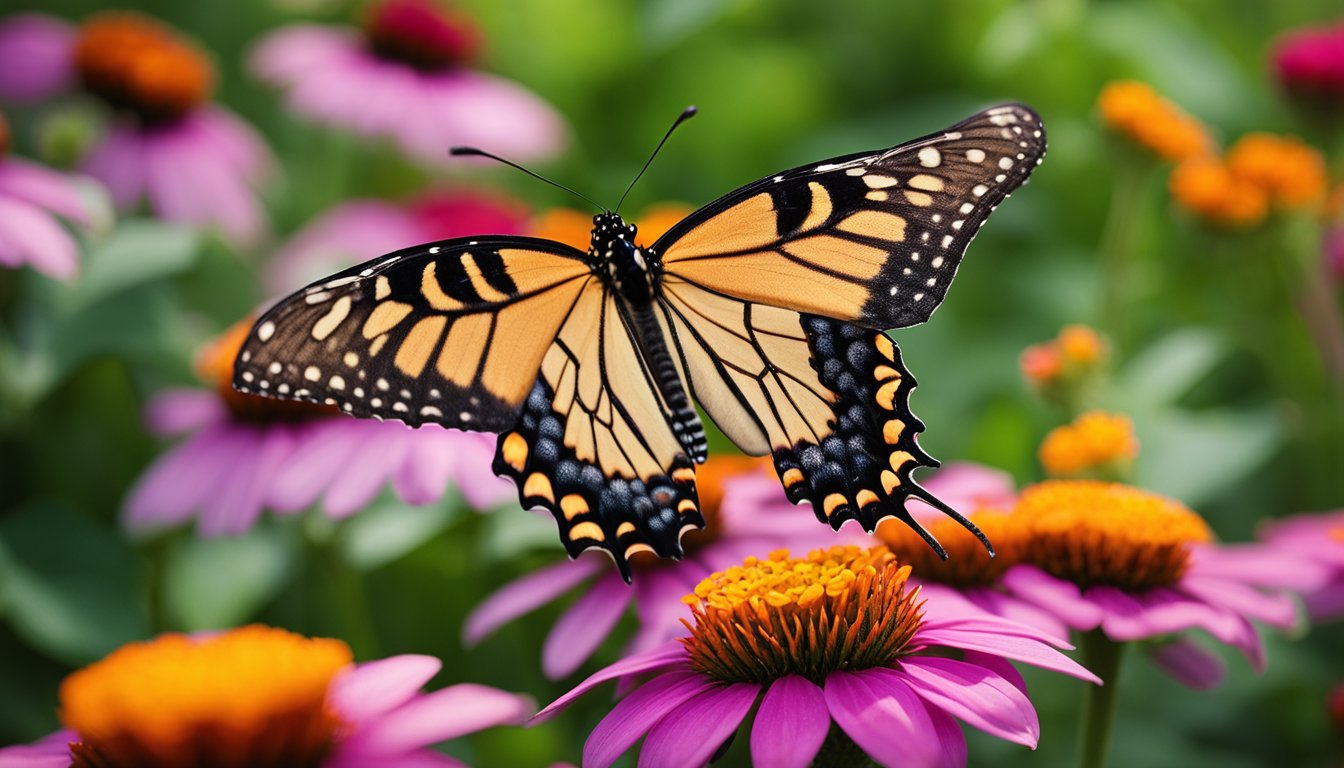 A vibrant butterfly with orange and black wings perched on a pink coneflower in a garden filled with colorful flowers.