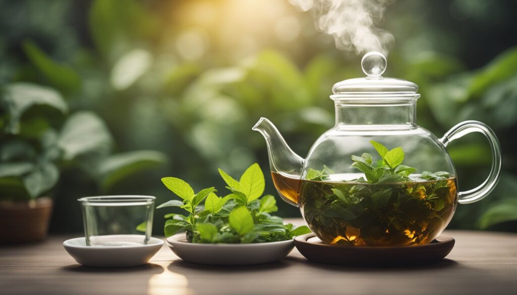 A glass teapot filled with steaming tulsi holy basil tea, surrounded by fresh basil leaves on a wooden table with a green, blurred background.