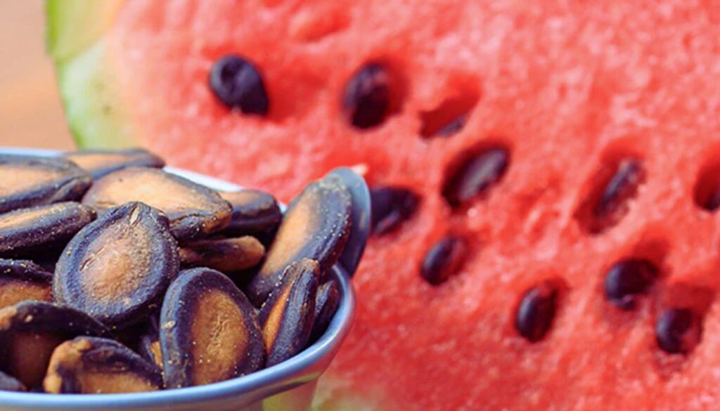 Close-up of a bowl filled with roasted watermelon seeds next to a slice of watermelon with visible seeds.