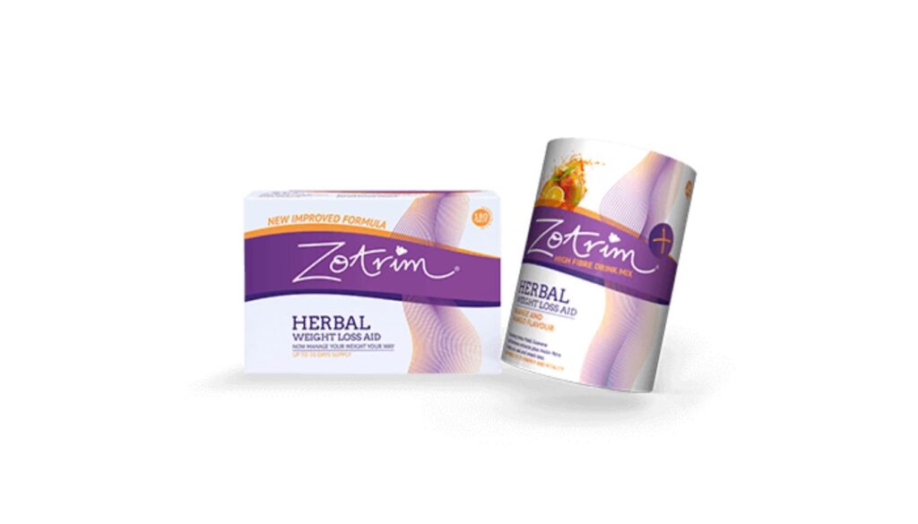 Two packages of Zotrim Herbal Weight Loss Aid—one box labeled “New Improved Formula” and one tub labeled “High Fibre Drink Mix.”