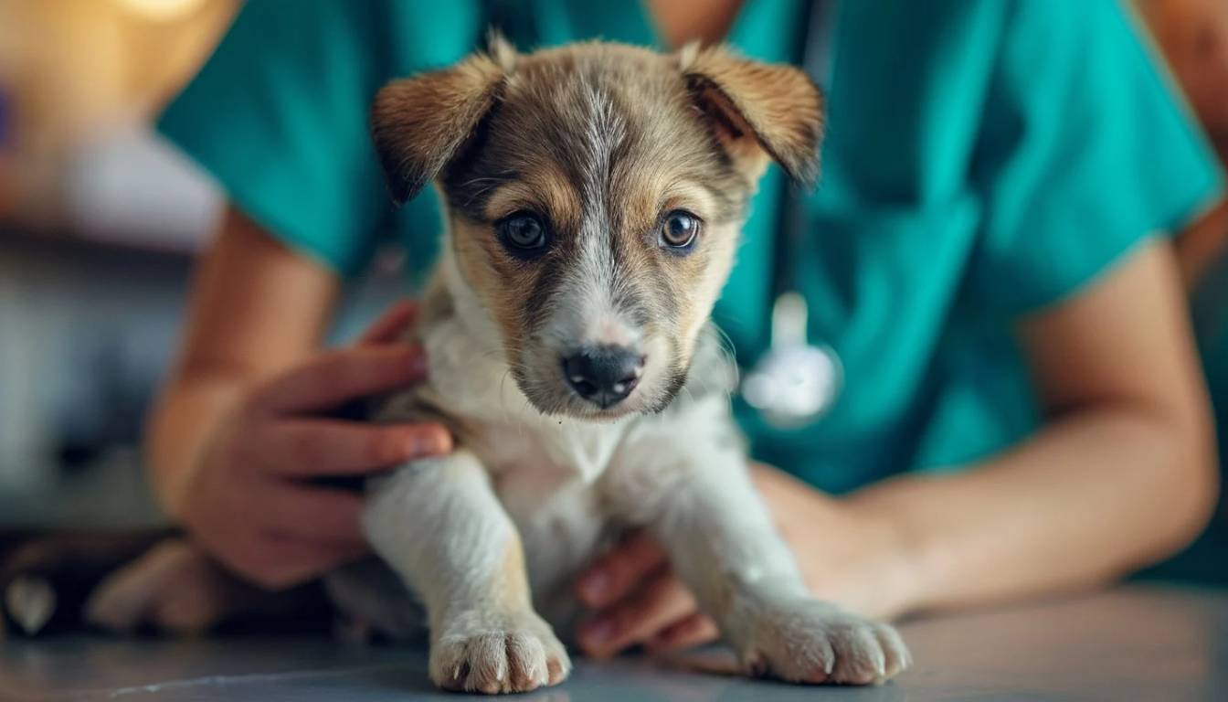 A veterinarian in a green uniform holding a small puppy on an examination table.