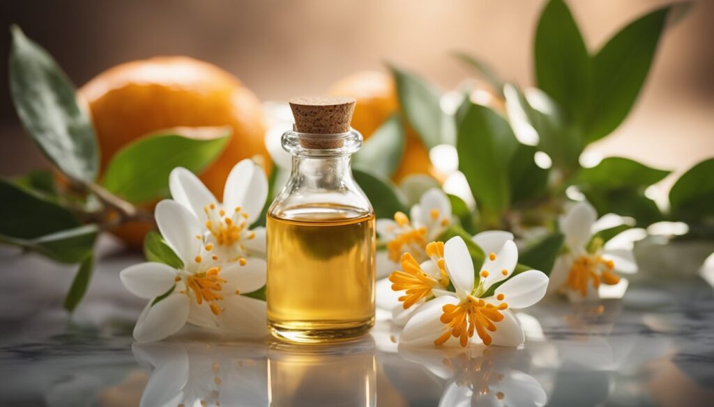 A small glass bottle filled with neroli essential oil, surrounded by white and orange blossoms and green leaves, with an orange fruit in the background.