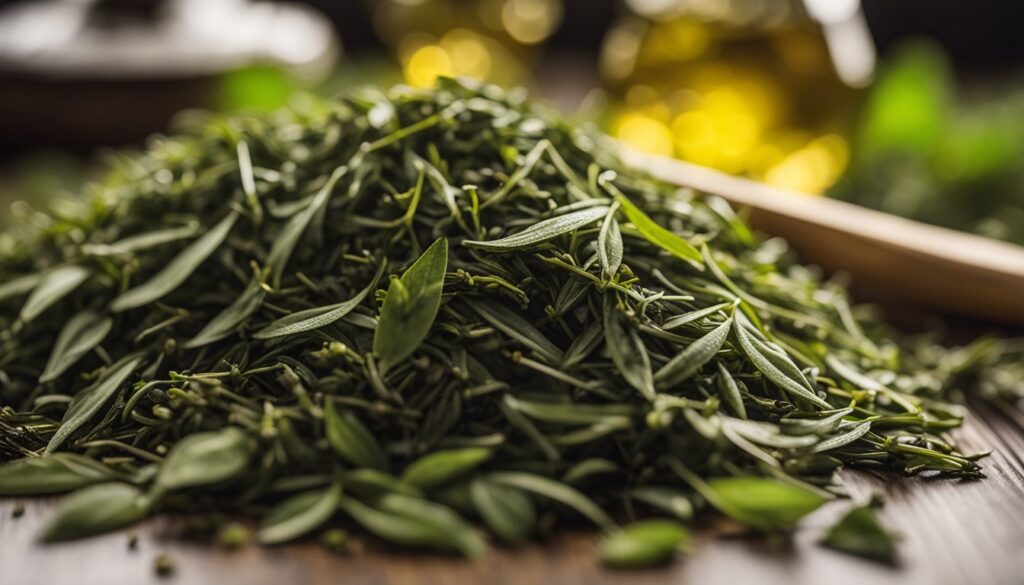 A close-up view of a cup of sencha green tea with fresh green tea leaves on the side, placed on a wooden surface.