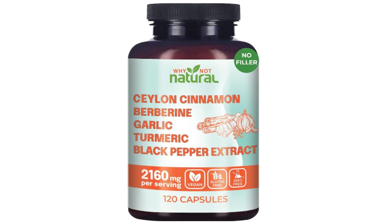 Bottle of Why Not Natural 5-in-1 Organic Ceylon Cinnamon Capsules with 120 capsules, featuring ingredients like Ceylon Cinnamon, Berberine, Garlic, Turmeric, and Black Pepper Extract.