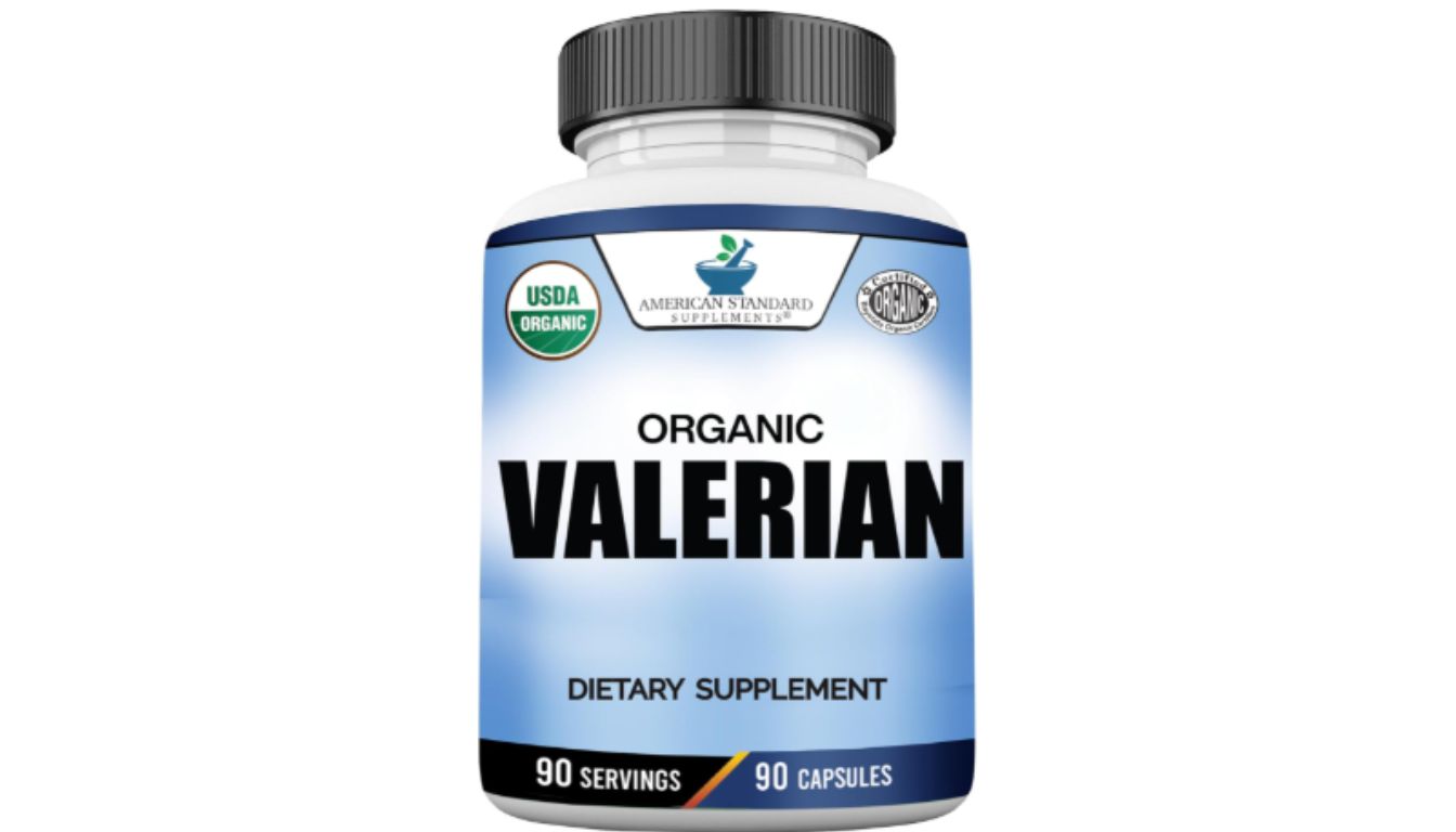 A bottle of American Standard Supplements Organic Valerian dietary supplement with 90 servings and 90 capsules.