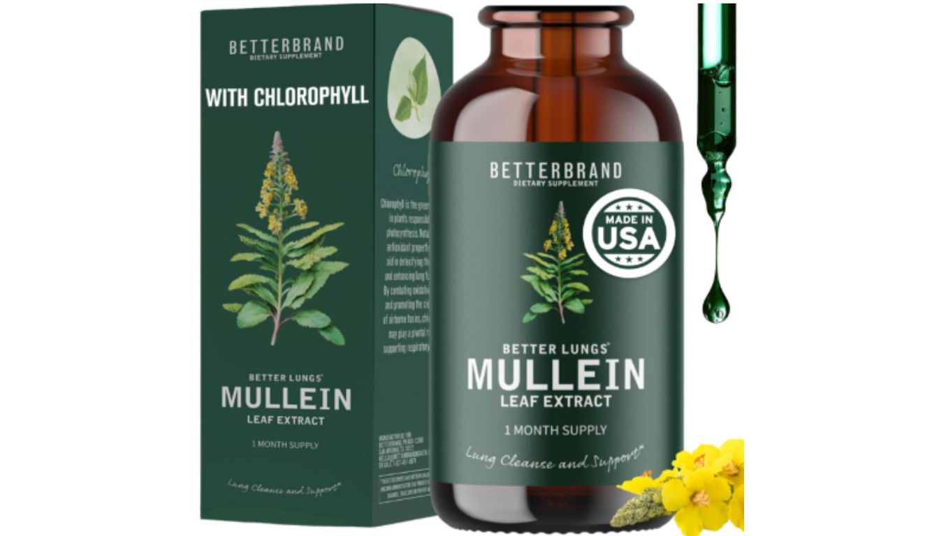 A bottle of Betterbrand BetterLungs Mullein Leaf Extract dietary supplement with a dropper, featuring a green liquid and a yellow flower.