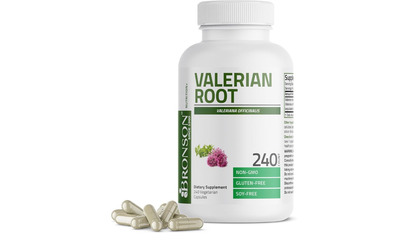 A bottle of Bronson Valerian Root dietary supplement with 240 vegetarian capsules, labeled as non-GMO, gluten-free, and soy-free.