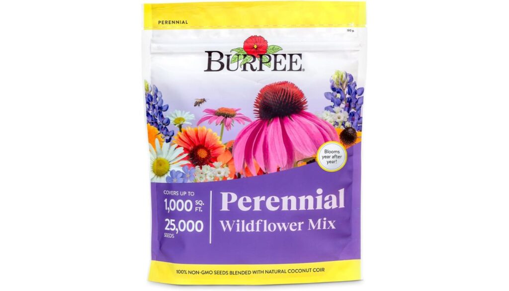 A Burpee brand bag of Perennial Wildflower Mix seeds, featuring colorful flowers and text indicating it covers up to 1,000 square feet with 25,000 seeds.
