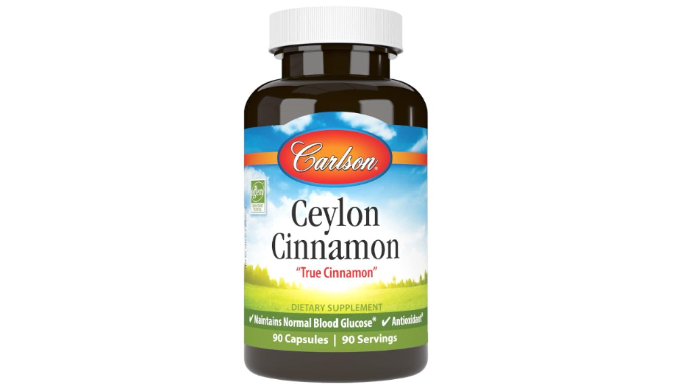 A bottle of Carlson Ceylon Cinnamon dietary supplement with 90 capsules and 90 servings.