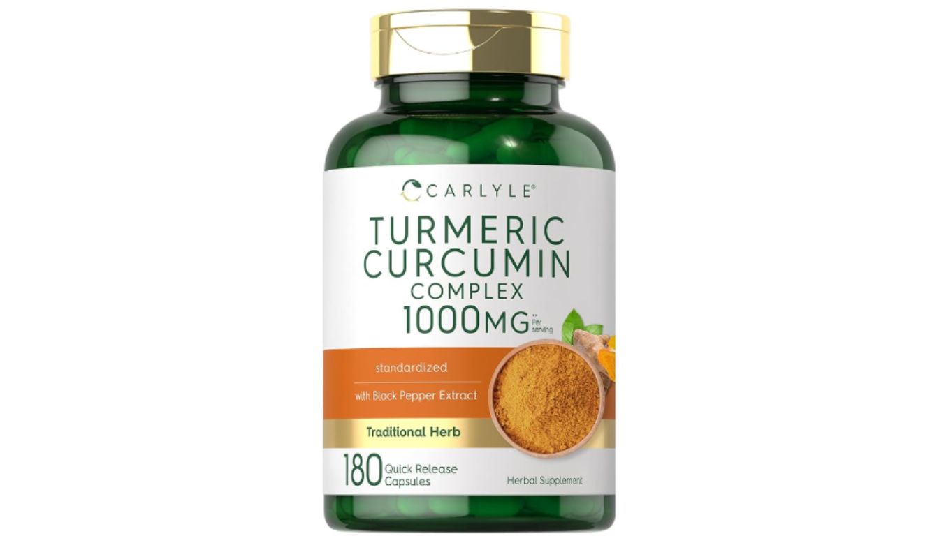 A bottle of Carlyle Turmeric Curcumin 1000mg dietary supplement with BioPerine.