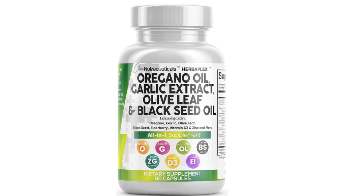 A bottle of Clean Nutraceuticals HERBAPLEX dietary supplement containing oregano oil, garlic extract, olive leaf, and black seed oil.