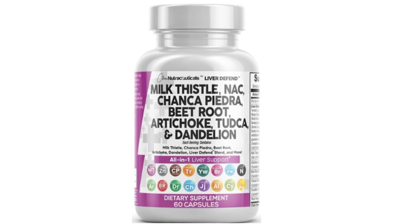 A bottle of Clean Nutraceuticals Liver Cleanse Detox & Repair dietary supplement with a label listing ingredients such as Milk Thistle, NAC, Chanca Piedra, Beet Root, Artichoke, TUDCA, and Dandelion.