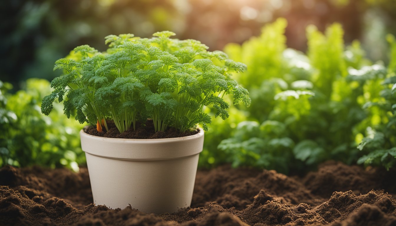 A white pot filled with lush green carrot tops growing in soil, surrounded by more greenery in a garden setting.