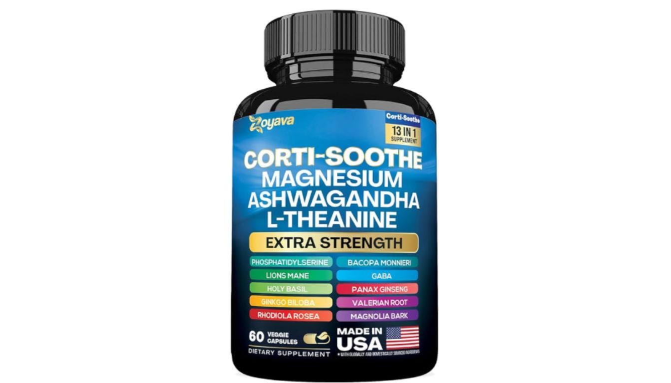 A bottle of Zoyava Corti-Soothe dietary supplement with magnesium, ashwagandha, and L-theanine, labeled as extra strength and made in the USA.