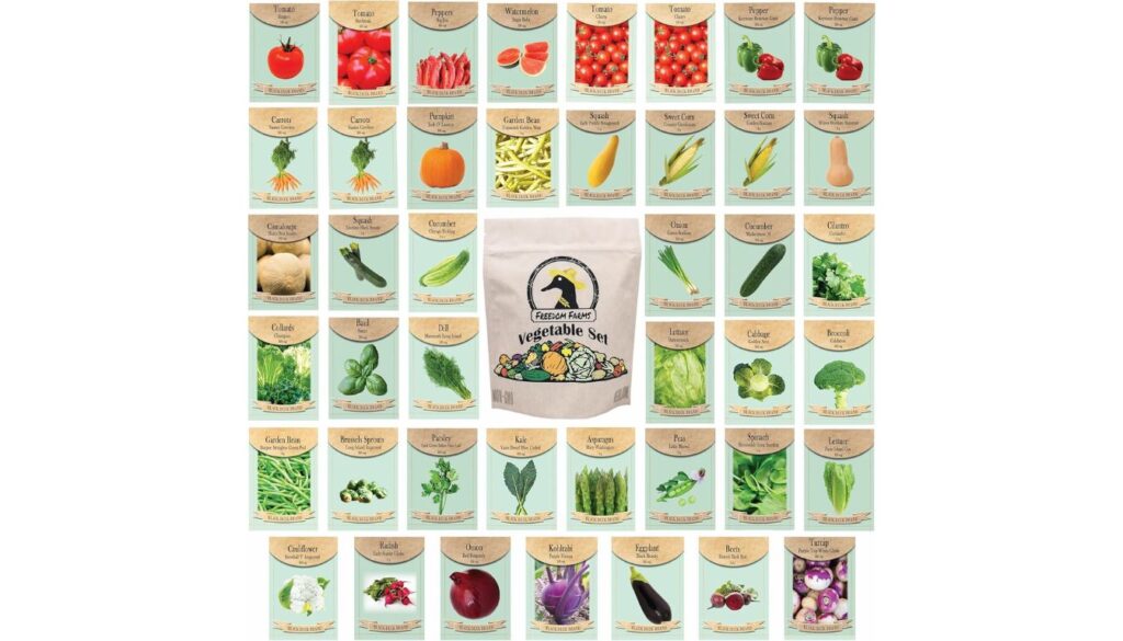 A collection of seed packets from Freedom Farms' Deluxe Garden Heirloom Seeds Set, featuring a variety of vegetables and herbs.