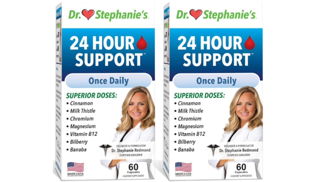 Two boxes of Dr. Stephanie's 24 Hour Support Once Daily Supplement, featuring a list of ingredients and a photo of Dr. Stephanie Redmond.