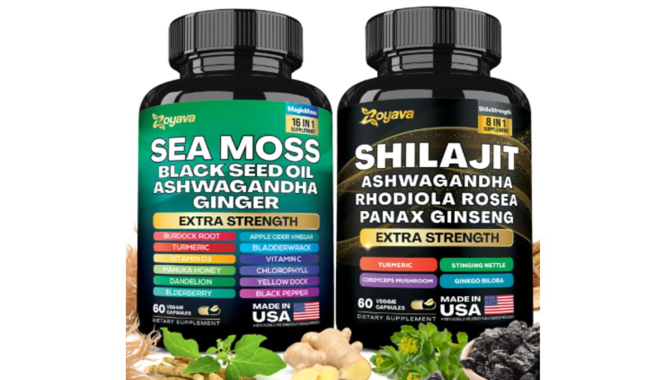 Two bottles of dietary supplements from the brand Zoyava. The left bottle is labeled "Sea Moss Black Seed Oil Ashwagandha Ginger Extra Strength" and the right bottle is labeled "Shilajit Ashwagandha Rhodiola Rosea Panax Ginseng Extra Strength."