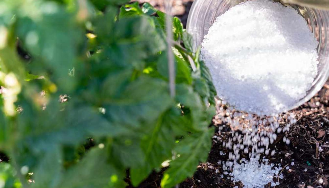 A person pouring Epsom salt from a container onto the soil near a green leafy houseplant, highlighting the practical use of Epsom salt in gardening.