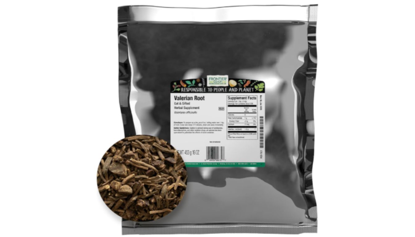 A silver package of Frontier Co-op Valerian Root, cut and sifted, with a close-up of the contents showing dried valerian root pieces. The package label includes product details and supplement facts.