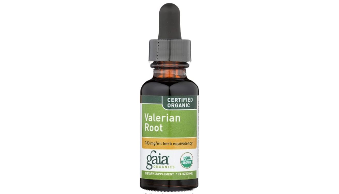 A bottle of Gaia Organics Valerian Root extract with a dropper cap, labeled as certified organic and USDA organic.