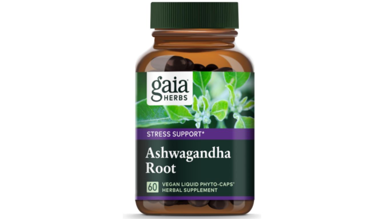 A bottle of Gaia Herbs Ashwagandha Root supplement, labeled for stress support, containing 60 vegan liquid phyto-caps.