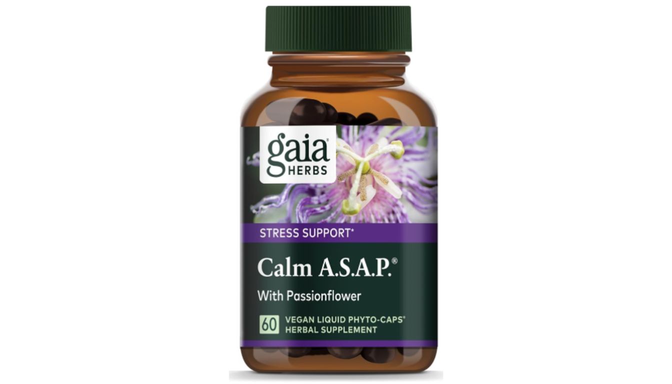 A bottle of Gaia Herbs Calm A.S.A.P. supplement with Passionflower, labeled for stress support, containing 60 vegan liquid phyto-caps.