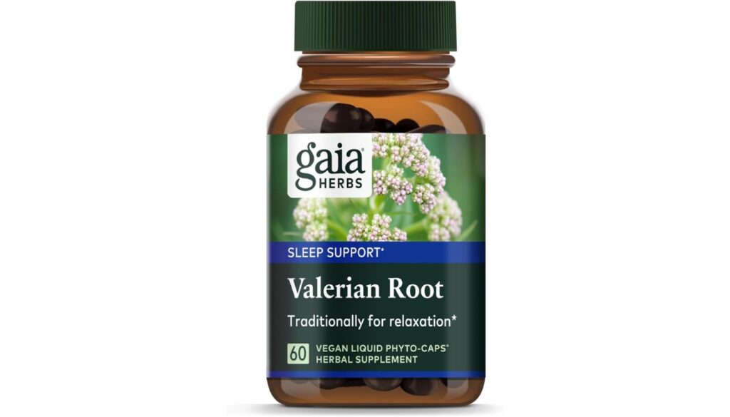 A bottle of Gaia Herbs Valerian Root Sleep Aid supplement with a green cap and label on a white background.