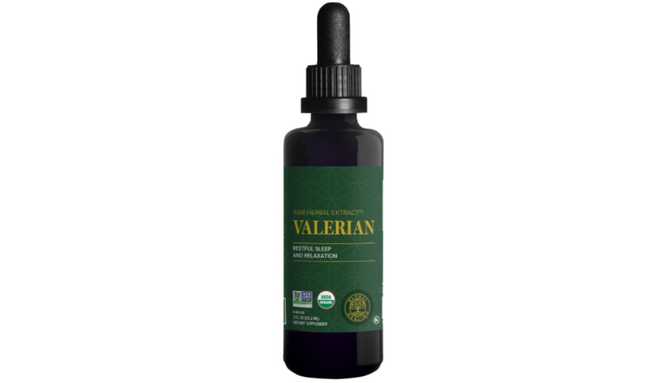 A bottle of Global Healing Valerian Root Extract Liquid with a green label and dropper cap.