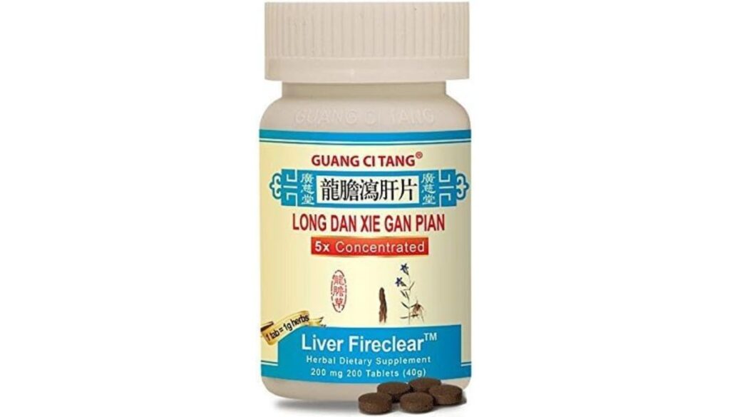 A bottle of Guang Ci Tang Long Dan Xie Gan Pian tablets, labeled as 'Liver Fireclear' herbal dietary supplement, with 200 mg 200 tablets (40g).