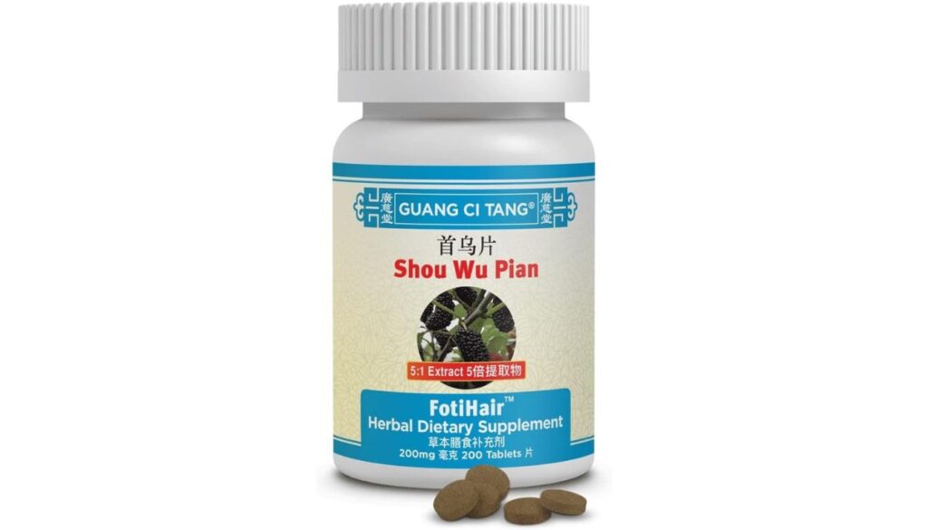 A bottle of Guang Ci Tang Shou Wu Pian FotiHair Herbal Dietary Supplement with 200 tablets.